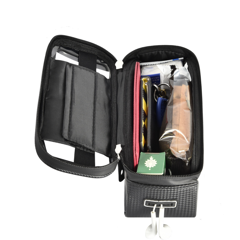 Oberrohr-Taschen-Telefon-Halter-Tasche mit Kopfhörer-Loch-Fenster-Halter 8x3.2x4.75“