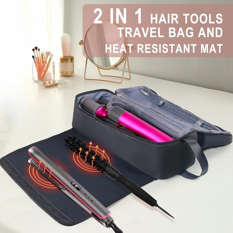 2 in 1 Reisetasche für Haare mit hitzebeständiger Matte für flache Bügeleisen Geradehalter, Lockenbügel und Haarpflegezubehör