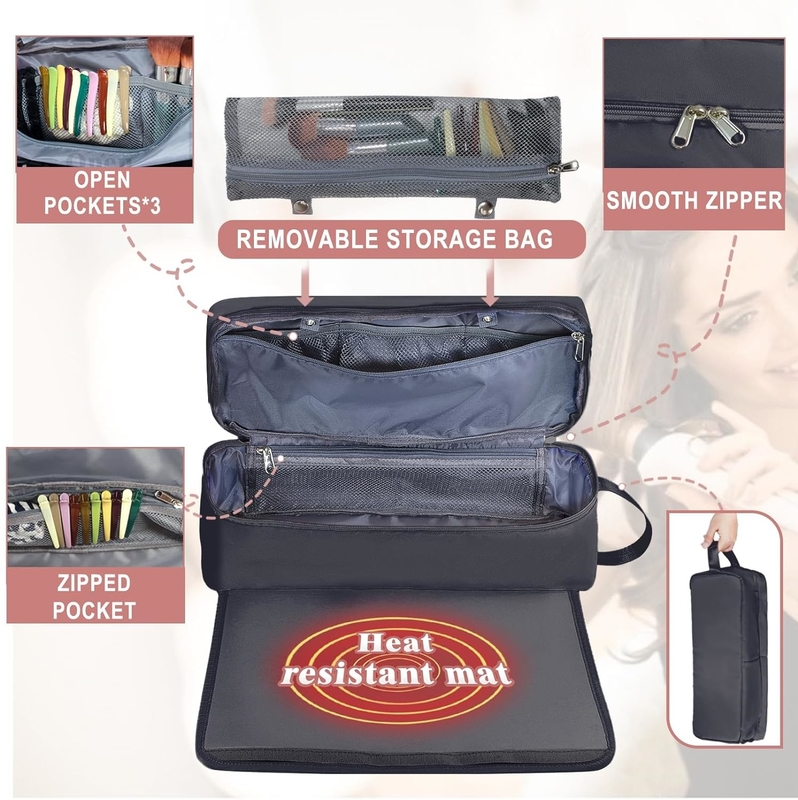 2 in 1 Reisetasche für Haare mit hitzebeständiger Matte für flache Bügeleisen Geradehalter, Lockenbügel und Haarpflegezubehör