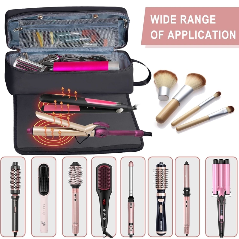 2 in 1 Reisetasche für Haare mit hitzebeständiger Matte für flache Bügeleisen Geradehalter, Lockenbügel und Haarpflegezubehör