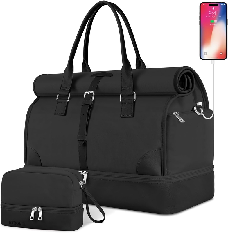 Schwarze Leinwand Mitnehmen Erweiterbare Wochenendflugzeuge Toilettenartikel Reisetasche mit Schuhfach und USB-Ladestation