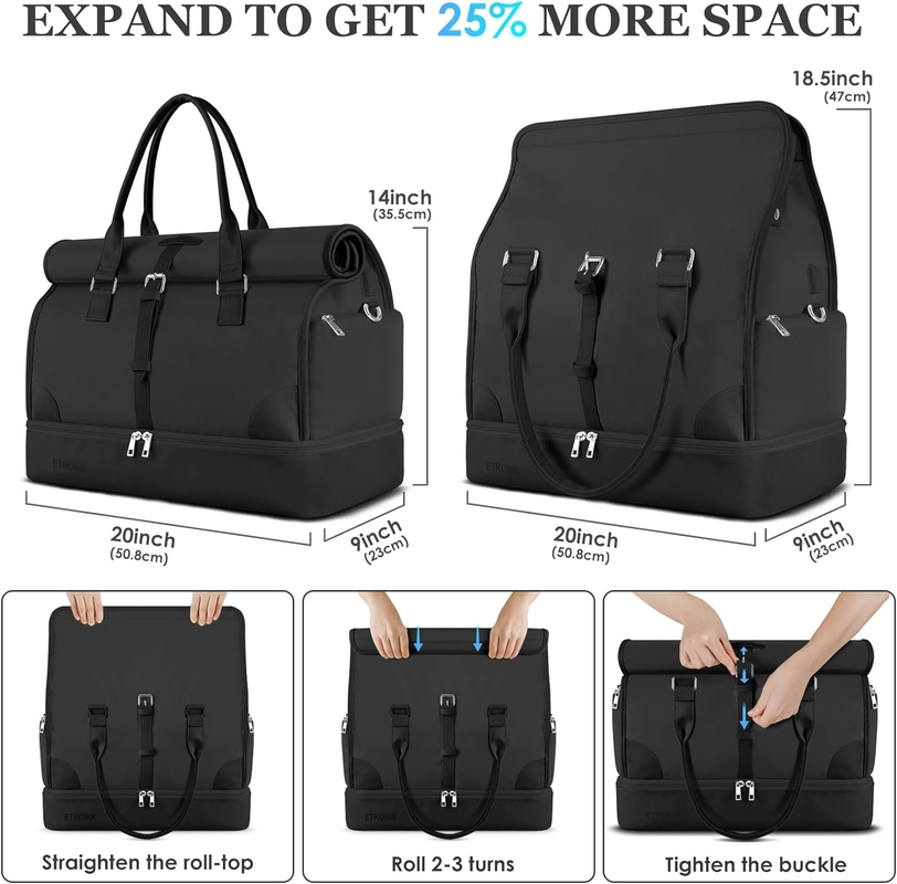 Schwarze Leinwand Mitnehmen Erweiterbare Wochenendflugzeuge Toilettenartikel Reisetasche mit Schuhfach und USB-Ladestation