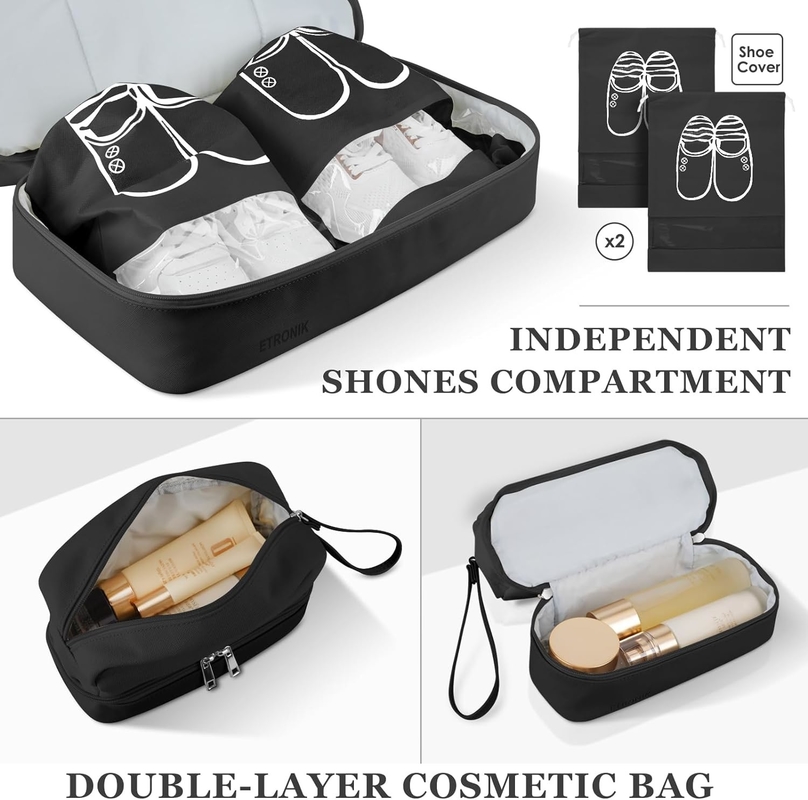 Schwarze Leinwand Mitnehmen Erweiterbare Wochenendflugzeuge Toilettenartikel Reisetasche mit Schuhfach und USB-Ladestation
