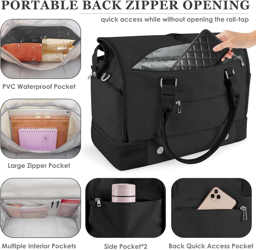 Schwarze Leinwand Mitnehmen Erweiterbare Wochenendflugzeuge Toilettenartikel Reisetasche mit Schuhfach und USB-Ladestation
