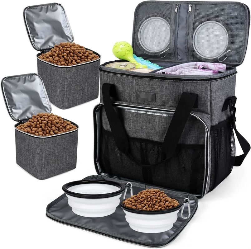 Hunde- und Katzen-Reisetasche für alle Haustiere mit 2 Futterbehältern und 2 zusammenklappbaren Silikonschalen