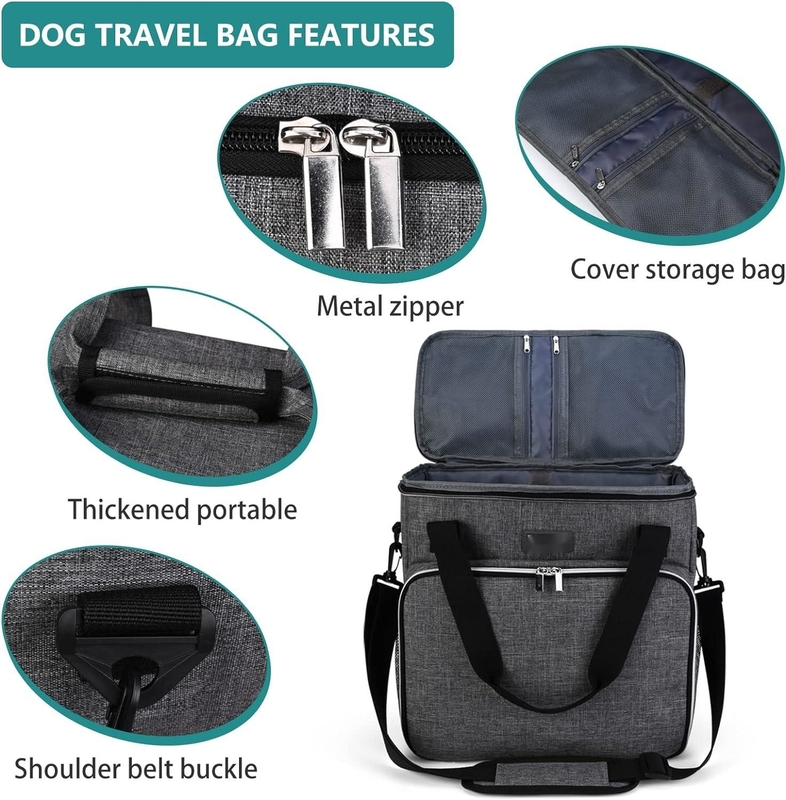 Hunde- und Katzen-Reisetasche für alle Haustiere mit 2 Futterbehältern und 2 zusammenklappbaren Silikonschalen