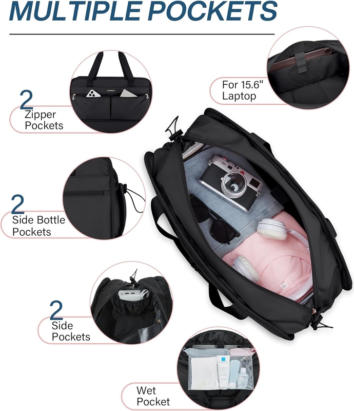 Große schwarze 40L Carry On Wochenende Übernachtung Tasche Sport Fitnessstudio Yoga Custom mit Schuhtaschen