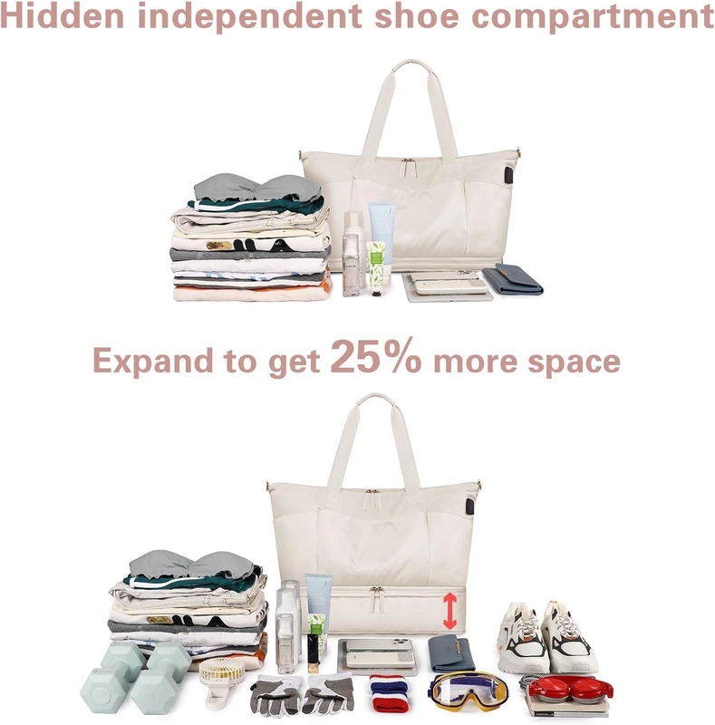 Beige Handtasche Erweiterbare Wochenendtasche mit Schuhfach und nasser Tasche