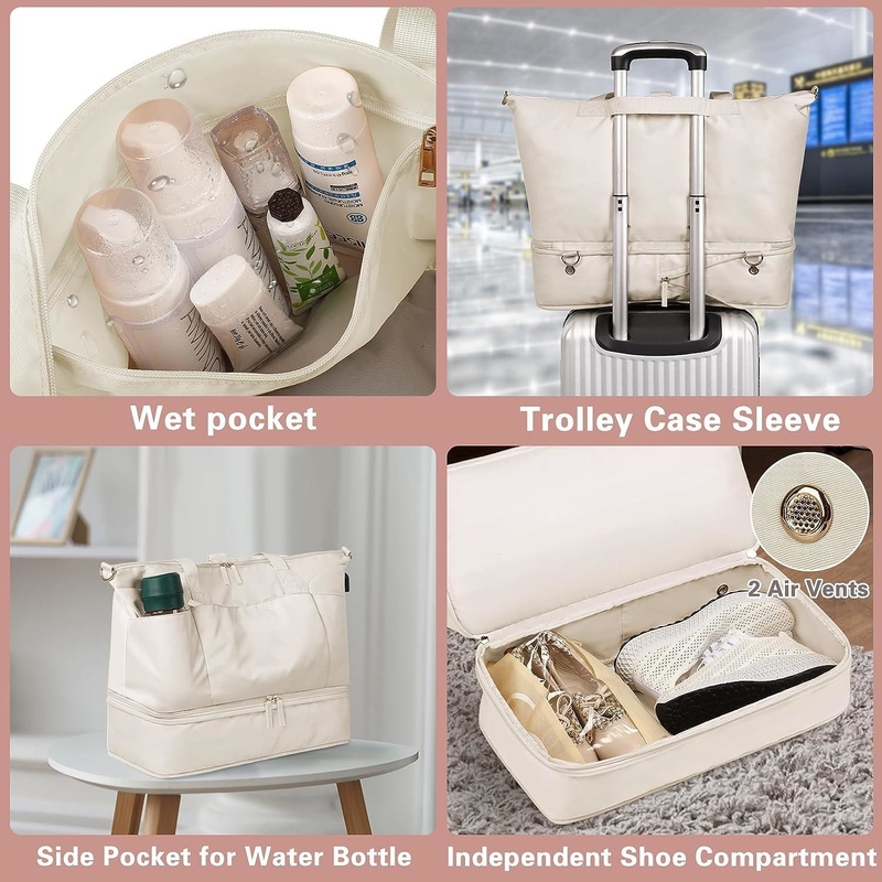 Beige Handtasche Erweiterbare Wochenendtasche mit Schuhfach und nasser Tasche