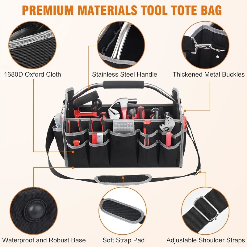 16 Zoll 26 Taschen Stahlgriff Custom Travel Tool Bag mit abnehmbaren Schultergurt