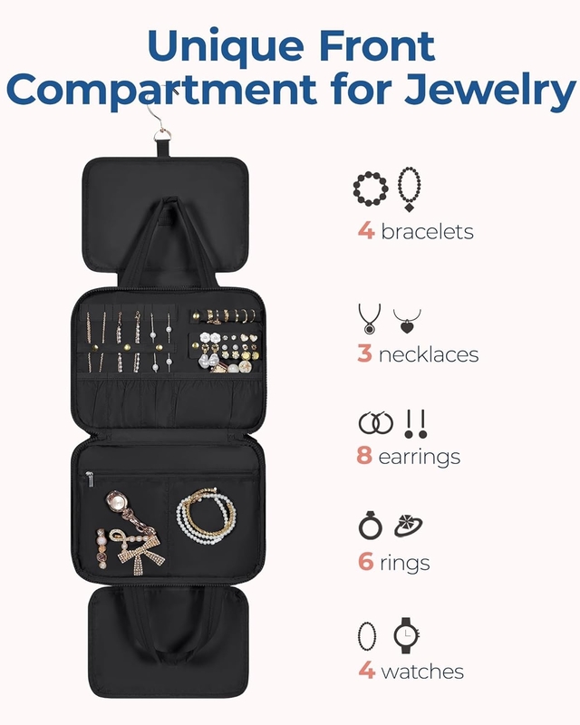Schwarz Großes Tragbare Reisezubehör Essentials Schwellendes Make-up Kosmetische benutzerdefinierte Reisetasche mit Schmuckorganisator